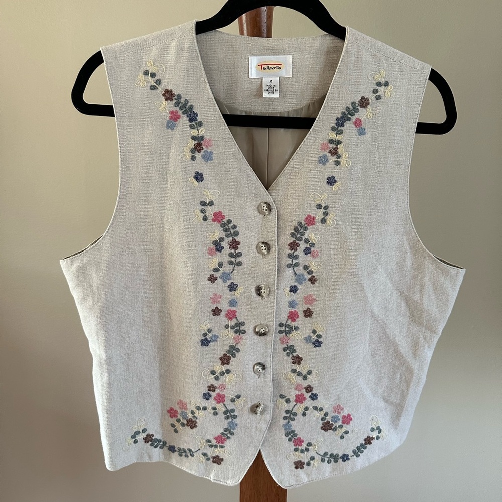 Embroidered Button-Up Vest - Cream